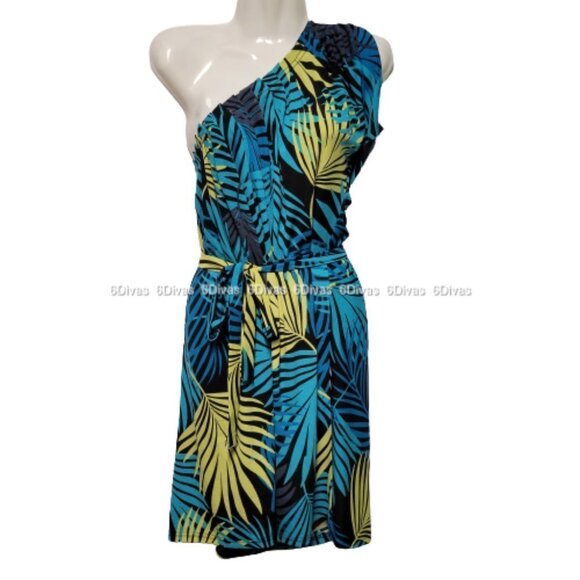 NEW One Shoulder Sexy Blue and Yellow Tropical Palms Print Summer Dress - Picture 5 of 8